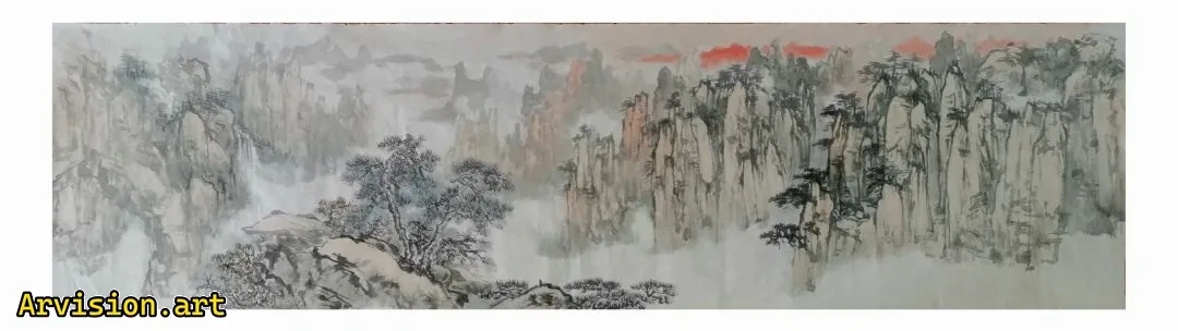 朝霞層に広がる中国水墨画風景画